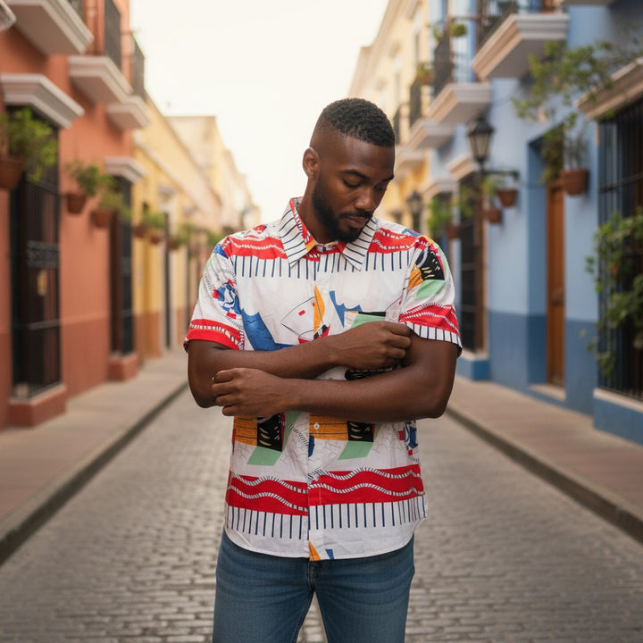 アート柄半袖シャツ 総柄 L 古着 メンズ