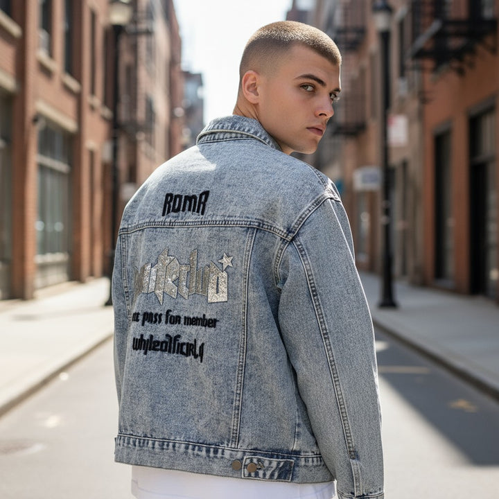 ビジュースパンコール刺繍デニムジャケット ブルー F 古着 メンズ