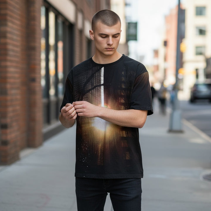 フォトプリント半袖Tシャツ 総柄 M 古着 メンズ