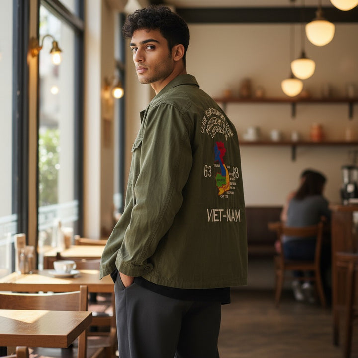 ミリタリーベトナムシャツジャケット カーキ S 古着 メンズ